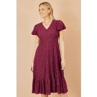 Yumi Women's Burgundy Stretch Lace Puff Sleeve Midi Dress | Size: 10