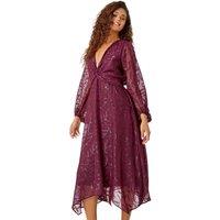 Roman Women's Floral Textured Twist Front Chiffon Midi Dress in Wine | Size: 10
