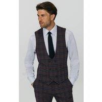 Dobell Men's Burgundy with Blue Windowpane Check Double Breasted Waistcoat | Size: 3XL