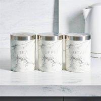 OHS Marble Tea Coffee Sugar Canisters Set of 3 Kitchen Storage Jars in White