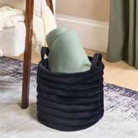 OHS Ribbed Faux Fur Storage Basket with Handles Compact Bucket Organiser in Black