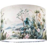 Happy Homewares Jungle & Mountain Velvet Fabric Shade with Pink Flowers & Birds in Green | Size: 12 inches