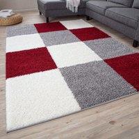 THE RUGS Soft Red Ivory Check High Pile Shaggy Rugs & Runners Living Room | Size: 80 cm x 150 cm