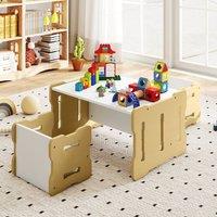 Costway Kids Table & Chair Set 3-Piese Toddler Set w/2 Stools & Table in Natural