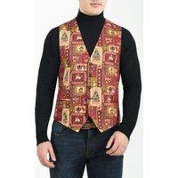Dobell Men's Red Vintage Christmas Print Waistcoat | Size: Small