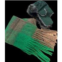 SVNX Men's Khaki Trapper & Brown Green Check Scarf Set - Mens