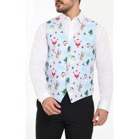 Dobell Men's Pale Blue Festive Snowy Christmas Waistcoat in Light Blue | Size: XL