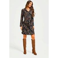 FS Collection Women's Leaf Print Tie Front Mini Shirt Dress In Black | Size: XL