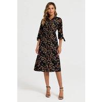 FS Collection Women's Leaf Print Tie On Sleeves Midi Shirt Dress In Black | Size: Large