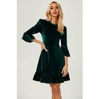 FS Collection Women's Velvet Frill Detail Mini Dress in Green | Size: Large