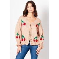 Femme Luxe Women's Cherry Print Knit Tie Front Cardigan in Peach | Size: 10