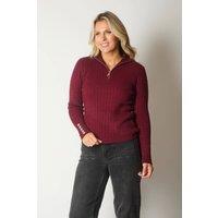 SOLO Women's Cable Knit Quarter-Zip Sweater with Button Cuff Detail in Wine | Size: 8