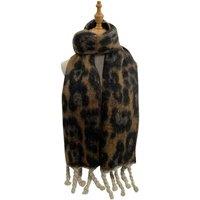 Vellin Women's Leopard Pattern Soft Touch Scarf with Twisted Fringe in Camel