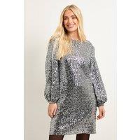 Wallis Women's Petite Square Sequin Cowl Shift Dress in Silver | Size: 16