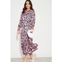 Sarta Women's Pink Abstract Print Shirred Shoulder Midaxi Dress | Size: Large