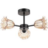 Happy Homewares Designer Matte Black Ceiling Light with Amber Floral Glass Shades