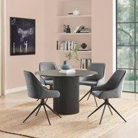 FurnitureboxUK Penrose Black Round Dining Table & 4 Beaumont Fabric Swivel Chairs in Grey
