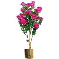 Leaf Artificial 100cm Azalea Pink Flowers Potted Plant with Gold Planter in Dark Pink