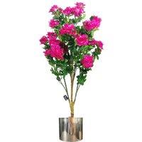 Leaf Artificial 100cm Azalea Pink Flowers Potted Plant with Silver Planter in Dark Pink
