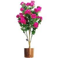 Leaf Artificial 100cm Azalea Pink Flowers Potted Plant with Copper Planter in Dark Pink