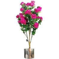 Leaf 100cm Artificial Azalea Pink Flowers Potted Plant with Silver Planter in Dark Pink