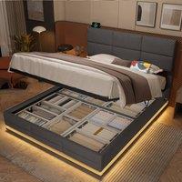 Direct Wicker Velvet Upholstered Double Bed with Adjustable Headboard, LED Lighting in Grey