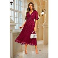 FS Collection Women's Polka Dot Jacquard Lace Trim V Neck Midi Dress In Wine | Size: Large