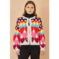 Yumi Women's Multi-colour Tie Front Heart Intarsia Cardigan | Size: Large