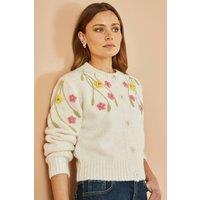 Yumi Women's Beige Flower Embroidered Chunky Knit Cardigan in Ivory | Size: Small