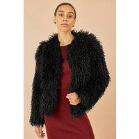 Yumi Women's Black Fluffy Faux Fur Jacket | Size: 14