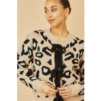 Yumi Women's Beige Animal Print Intarsia Tie Front Cardigan | Size: Small