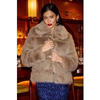 Yumi Women's Light Brown Fluffy Faux Fur Jacket | Size: 14