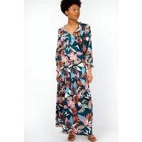 Little Mistress Women's Barcelona Leaf Print Satin Frill Maxi Dress | Size: 10
