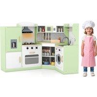 Costway Kids Corner Play Kitchen Wooden Pretend Cooking Playset w/Washer in Green