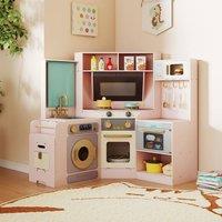 Costway Wooden Corner Kitchen Playset Kids Pretend Cooking Playset w/ Utensils in Pink