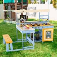 Costway Mud Kitchen Fir Wood Play Kitchen with Kids Picnic Table in Blue