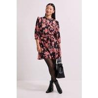 Dorothy Perkins Women's Petite Tie Waist Yoke Frill Detail Printed Belted Mini Dress in Black | Size: 10