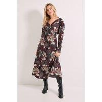 Dorothy Perkins Women's Patchwork Floral Shirred Waist Button Detail Printed Midi Dress | Size: 14