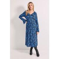 Dorothy Perkins Women's Blue Floral Frill Neck Button Front Printed Midi Dress | Size: 10