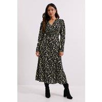 Dorothy Perkins Women's Petite Yellow Animal Shirred Waist Button Detail Midi Dress | Size: 8