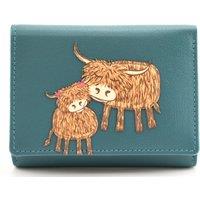 Mala leather Women's Highland Cow Mother & Daughter Leather Trifold RFID Purse in Teal