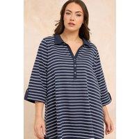 Evans Women's Printed Pintuck Henley Top in Mid Navy | Size: 30-32