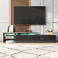 BTM Modern TV Stand with Wood Look, Glass Shelves & LED Lighting in Natural