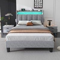BTM Velvet Bed with Flip-Door Storage, LED & USB-C Charging in Grey | Size: Double