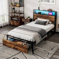 BTM LED Metal Bed with Charging Ports & Storage Drawer in Walnut | Size: Double