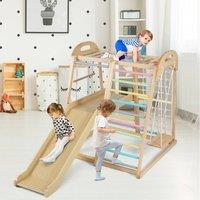 Costway 8-in-1 Climbing Frame Playset Wooden Jungle Gym w/ Slide & Swing