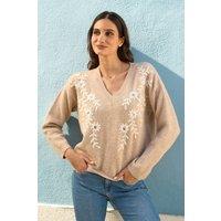 Yumi Women's Oatmeal Floral Embroidered V Neck Relaxed Knitted Jumper in Beige | Size: Small