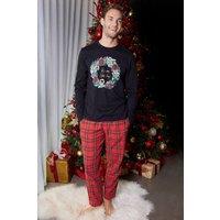Threadbare Men's Christmas Wreath Long Pyjamas in Red | Size: XL