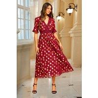 FS Collection Women's Gold Foil Lace Trim V Neck Midi Dress In Wine | Size: Large