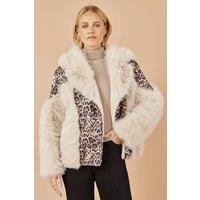 Yumi Women's Cream & Brown Biker Jacket With Leopard Print | Size: 10